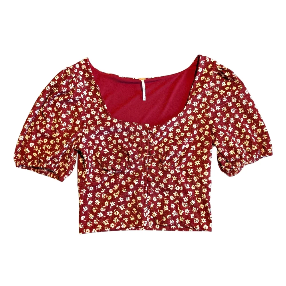 Free People Burgundy & White Ditsy Floral Crop Top Blouse | Size M | Boho Summer